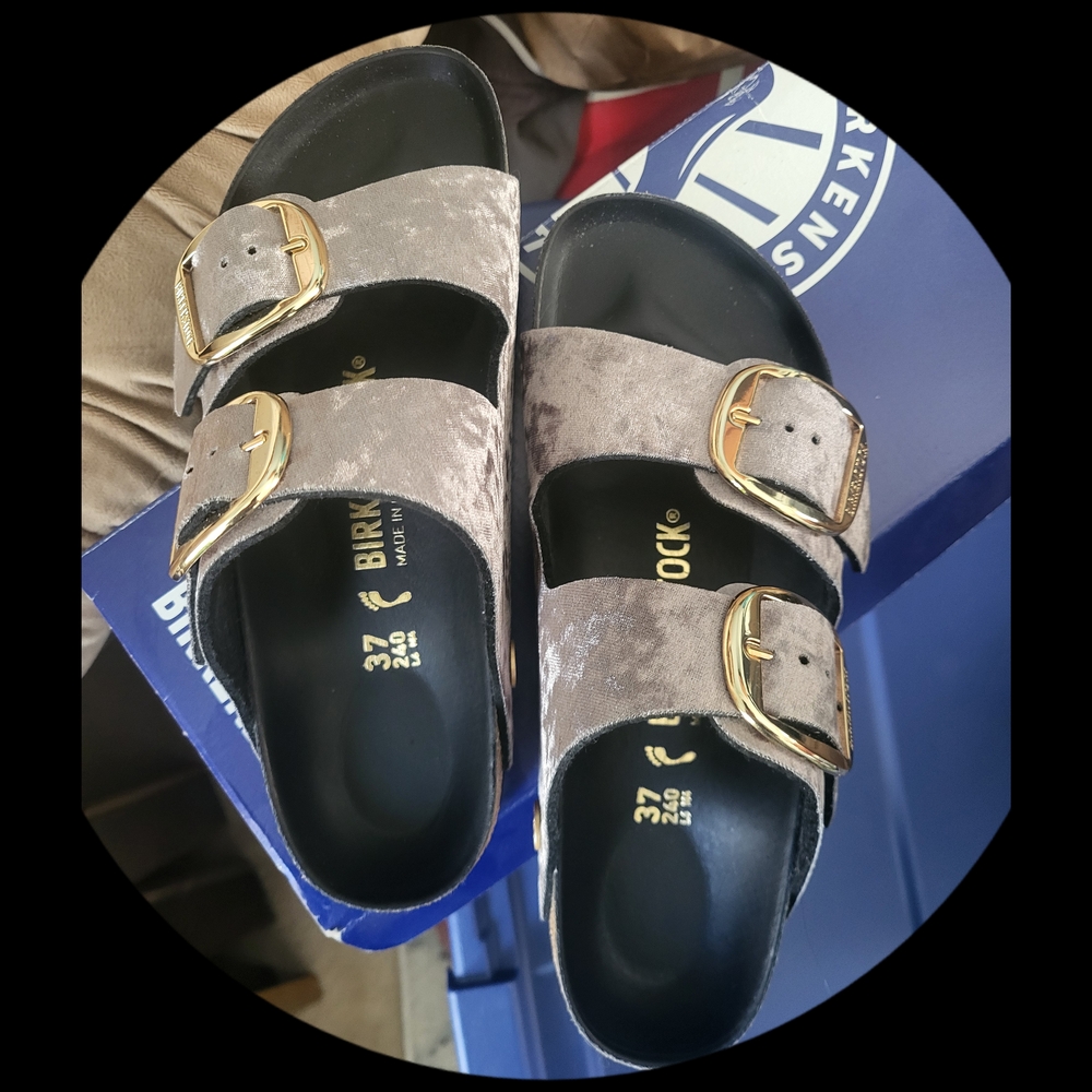 Birkenstock Gray Sandals with Gold Buckles
